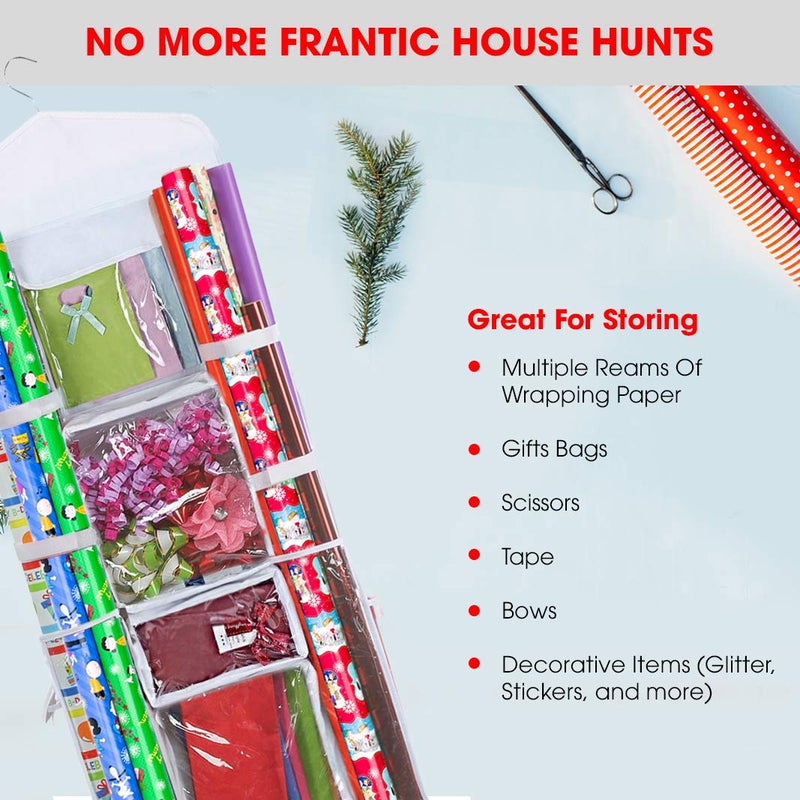 Primode Wrapping Paper Storage Hanging Over the Door Gift Wrap Organizer Double Sided Front and Back Pockets Store Gift Wrap Gift Bags Ribbon Bows Accessories 40â€x17â€ Fits Long 40 Inch Rolls (White) - Image 5